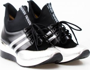 AGA Sneakersy skórzane na koturnie czarne srebrne Aga-38 5