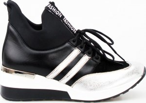 AGA Sneakersy skórzane na koturnie czarne srebrne Aga-40 1