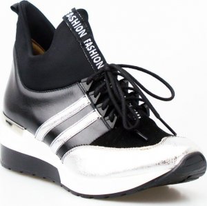 AGA Sneakersy skórzane na koturnie czarne srebrne Aga-40 2