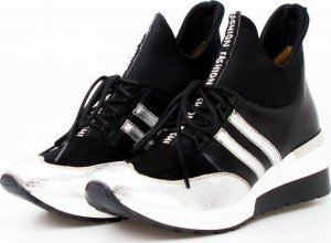 AGA Sneakersy skórzane na koturnie czarne srebrne Aga-40 4