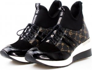 AGA Sneakersy skórzane na koturnie czarne z wzorem Aga-36 4