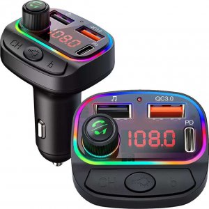 Transmiter FM 4kom.pl Transmiter FM Bluetooth 5.0 C14 odtwarzacz MP3 Ładowarka do auta USB + USB-C PD 1