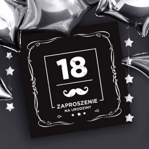 ZAPROSZENIA na 18 dla chłopaka Black z wąsem 10szt (+koperty) 2