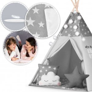 Namiot tipi dla dzieci z girlandą i światełkami Nukido - szare w gwiazdki 12