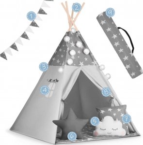 Namiot tipi dla dzieci z girlandą i światełkami Nukido - szare w gwiazdki 14