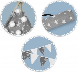 Namiot tipi dla dzieci z girlandą i światełkami Nukido - szare w gwiazdki 16