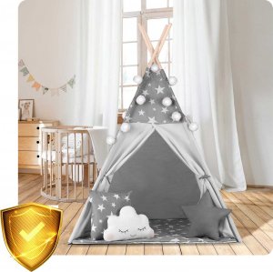 Namiot tipi dla dzieci z girlandą i światełkami Nukido - szare w gwiazdki 18