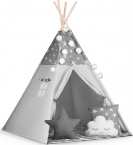 Namiot tipi dla dzieci z girlandą i światełkami Nukido - szare w gwiazdki 2