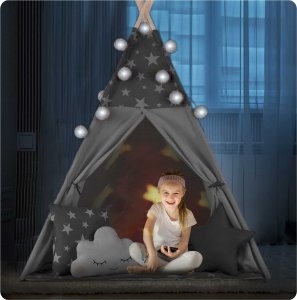 Namiot tipi dla dzieci z girlandą i światełkami Nukido - szare w gwiazdki 3