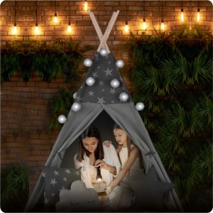 Namiot tipi dla dzieci z girlandą i światełkami Nukido - szare w gwiazdki 4