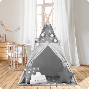Namiot tipi dla dzieci z girlandą i światełkami Nukido - szare w gwiazdki 7