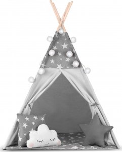 Namiot tipi dla dzieci z girlandą i światełkami Nukido - szare w gwiazdki 9