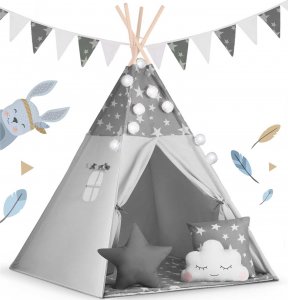 Namiot tipi dla dzieci z girlandą i światełkami Nukido - szare w gwiazdki 10