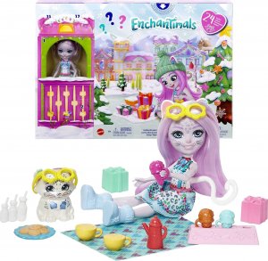 Kalendarz adwentowy Mattel Zestaw Enchantimals lalka Sybill Snow Leopard 24 niespodzianki 1