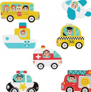 Tooky Toy Drewniane Puzzle Pojazdy Samochody Samolot Statek Miasto Dopasuj Kształty 2