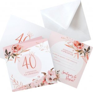 ZAPROSZENIA na 40 urodziny Rosegold Flowers 10szt (+koperty) 1