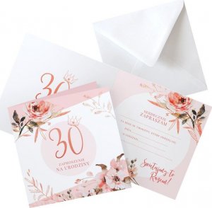ZAPROSZENIA na 30 urodziny Rosegold Flowers 10szt (+koperty) 1