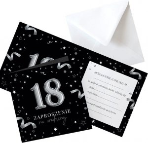 ZAPROSZENIA na 18 urodziny czarno-srebrne 10szt (+koperty) 1