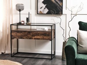 Beliani Konsola 2 szuflady szklana ciemne drewno z czarnym MUAK! 2
