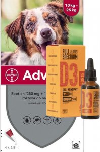 Bayer Advantix - dla psów 10-25kg (4 pipety x 2,5ml) + olej konopny - witamina D3 Forte 30ml (dla ludzi) 1