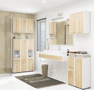 Elior Minimalistyczny regał łazienkowy biały + dąb sonoma - Lireno 3X 3