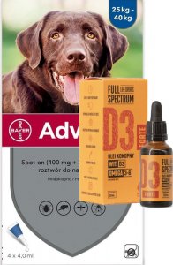 Bayer Advantix - dla psów 25-40kg (4 pipety x 4ml) + olej konopny - witamina D3 Forte 30ml (dla ludzi) 1