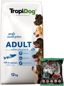 TropiDog TROPIDOG Premium Adult medium & large breeds bogty w łososia i ryż 12kg + Alpha Spirit Przysmak dla psa kostki kaczka 50g GRATIS 1