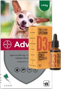 Bayer Advantix - dla psów do 4kg (4 pipety x 0,4ml) + olej konopny - witamina D3 Forte 30ml (dla ludzi) 1