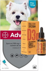 Bayer Advantix - dla psów 4-10kg (4 pipety x 1ml) + olej konopny - witamina D3 Forte 30ml (dla ludzi) 1