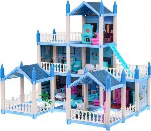 Ramiz 3-piętrowy domek dla lalek Prezent dla dziewczynek 6+ Niebieska willa z wyposażeniem 3