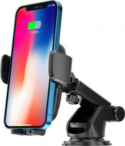 4kom.pl Uchwyt samochodowy X05 z ładowaniem QI na deskę rozdzielczą szybę Dashboard Car Mount Wireless Charger 15W do auta Black 3