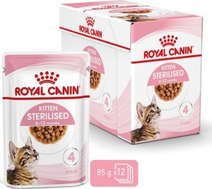 Royal Canin ROYAL CANIN Kitten Sterilised 12x85g karma mokra w sosie dla kociąt do 12 miesiąca życia, sterylizowanych + Royal Canin Piłeczka dla kota GRATIS 2