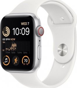 Apple Watch SE GPS + Cellular, 44 mm Koperta z aluminium w kolorze srebrnym z paskiem sportowym w kolorze bialym - regular 1