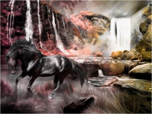 DecoNest Fototapeta - Czarny koń przy wodospadzie - 300X231 1