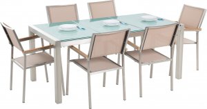 Beliani Lumarko Zestaw ogrodowy stół szkło tłuczone dzielony blat i 6 krzeseł beżowych GROSSETO! 1