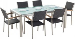 Beliani Lumarko Zestaw ogrodowy stół szkło tłuczone dzielony blat i 6 krzeseł rattanowych czarnych GROSSETO! 1