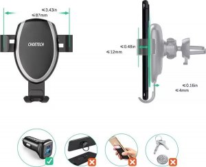 Joyroom Choetech bezprzewodowa ładowarka Qi 10W grawitacyjny uchwyt samochodowy na kokpit deskę rozdzielczą + klips na kratkę wentylacyjną nawiew + kabel micro USB 1,2m czarny (T536-S) 10