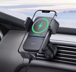 Baseus Uchwyt samochodowy Baseus Wisdom Holder do auta na telefon z ładowarką indukcyjną QI na kratkę Czarny 23