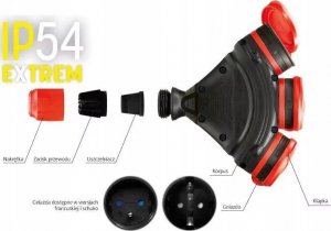 KEL Przedłużacz budowlany 3-gniazda z/u 5m /H05RR-F 3x2,5/ IP54 czarny/czerwony W-01170 4