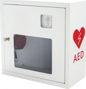 Projekt AED ASB1011 - metalowa szafka z alarmem dźwiękowym + kluczyk na defibrylator wewnątrz budynku - 37 x 37 x 17 cm. 1