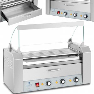 Royal Catering Podgrzewacz grill rolkowy do parówek hot-dogów z szufladą i osłoną - 5 rolek Podgrzewacz grill rolkowy do parówek hot-dogów z szufladą i osłoną - 5 rolek 1