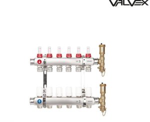 Valvex Rozdzielacz K5 PLUS-10 G1-G3/4 n=10 10 obw ,belka stalowa G1 x 2szt• uchwyty do rozdzielacza x 1 kpl.• złączka redukcyjna G 1/2 x G 3/4• przepływomierz G 1/2• zawór termostatyczny G 1/2• grupa bezpieczeństwa rozdzielacza G1+ ZŁĄCZKA V-PEX 16x3/4 1