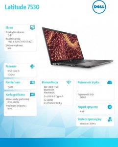 Laptop Dell Notebook Latitude 7530 Win11Pro i5-1235U/16GB/512GB SSD/15.6 FHD CF/Intel Iris Xe/ThBlt & FgrPr & SmtCd/IR Cam/Mic/WWAN + BT/Backlit Kb/4 Cell/3Y PS 3