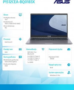 Laptop Asus Notebook P1512CEA-BQ0183X i3-1115G4 8GB/256GB/15.6/W11Pro 11