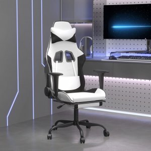 Fotel vidaXL Masujący fotel gamingowy z podnóżkiem, biało-czarny 1