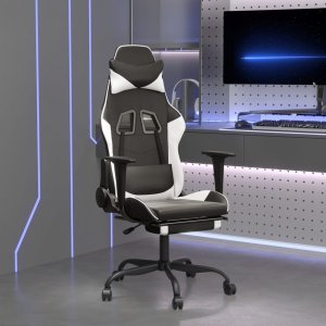 Fotel vidaXL Masujący fotel gamingowy z podnóżkiem, czarno-biały 1