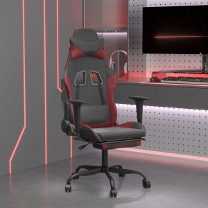 Fotel vidaXL Masujący fotel gamingowy z podnóżkiem, czarny i winna czerwień 1