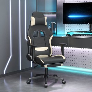 Fotel vidaXL Obrotowy fotel gamingowy z podnóżkiem, czarno-kremowy, tkanina 1