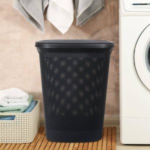 Kosz na pranie Bathroom Solutions Kosz na pranie pojemnik łazienkowy na odzież bieliznę z pokrywą czarny 60 l 2