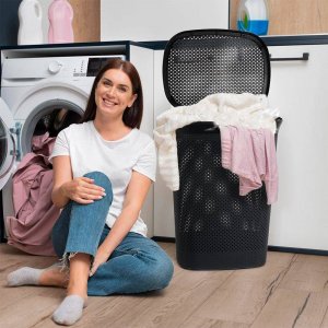 Kosz na pranie Bathroom Solutions Kosz na pranie pojemnik łazienkowy na odzież bieliznę z pokrywą czarny 60 l 8